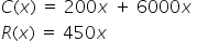 C left parenthesis x right parenthesis space equals space 200 x space plus space 6000 x space_x000D_
R left parenthesis x right parenthesis space equals space 450 x